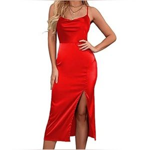 Windsor satin midi dress in reddish orange color